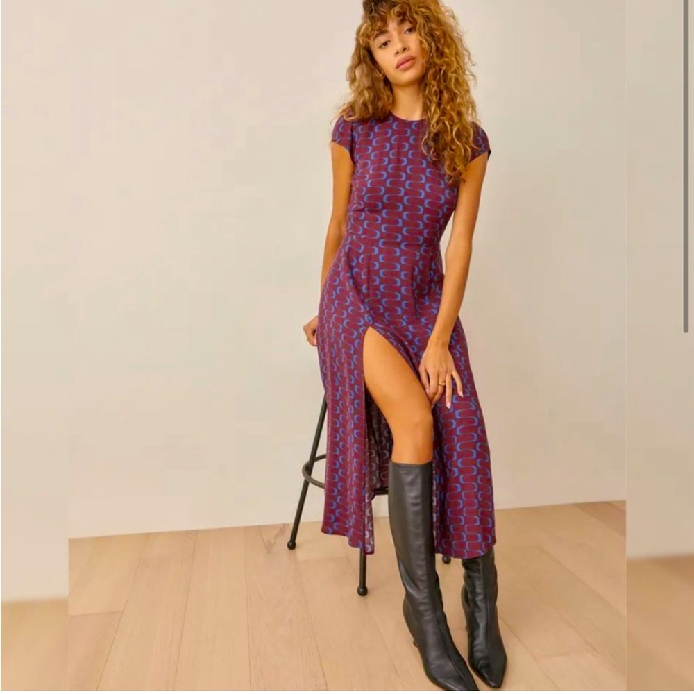 Reformation Gavin Dress in Marooned Purple Blue Midi Cap Sleeve